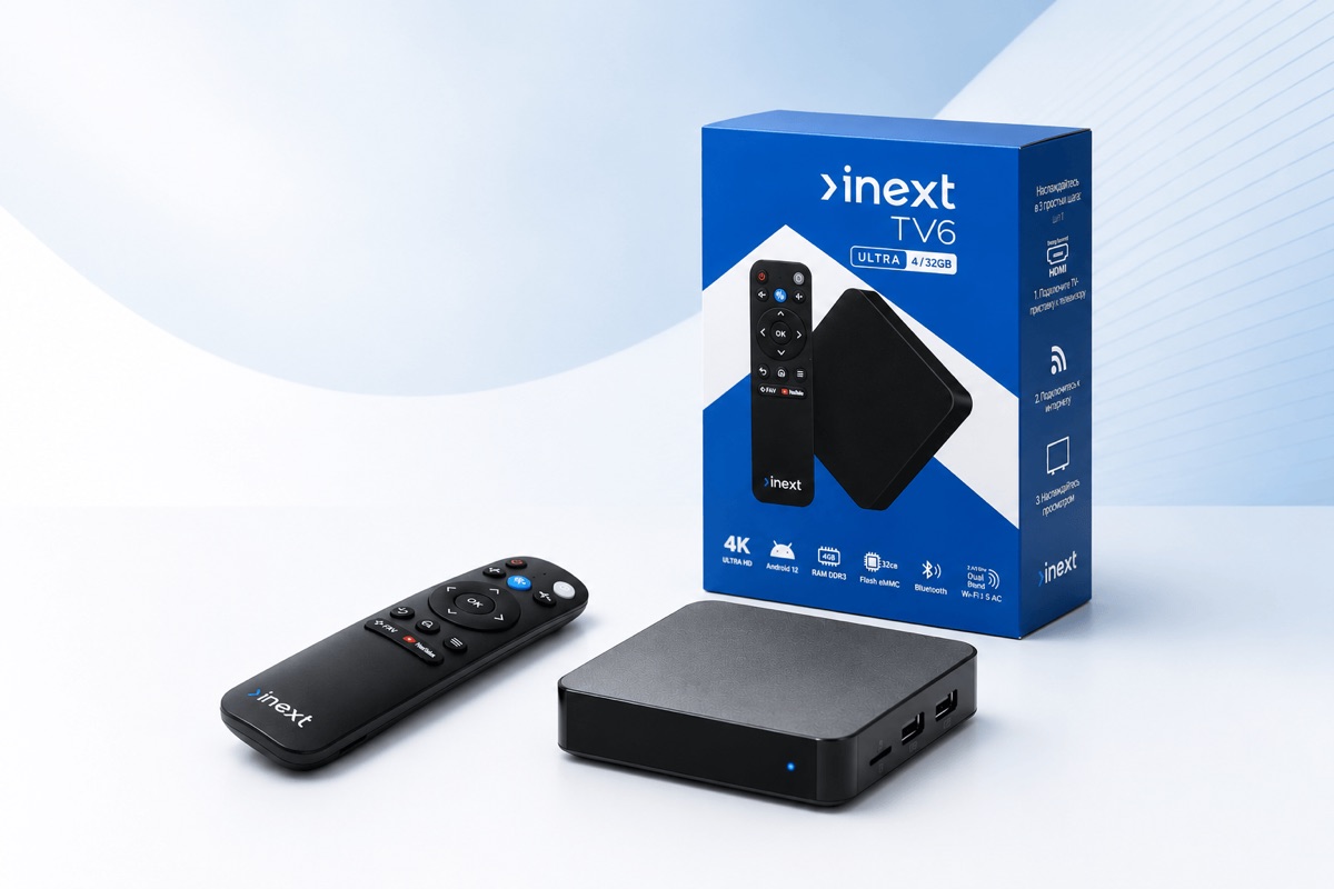 inext TV6 Ultra Set-Top Box with remote and packaging