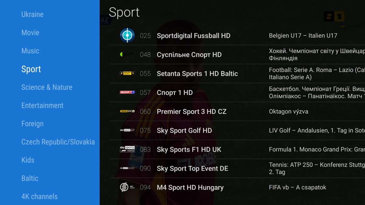 Category sidebar with channel logos and now/next programme info