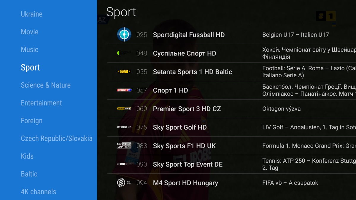 Category sidebar with channel logos and now/next programme info