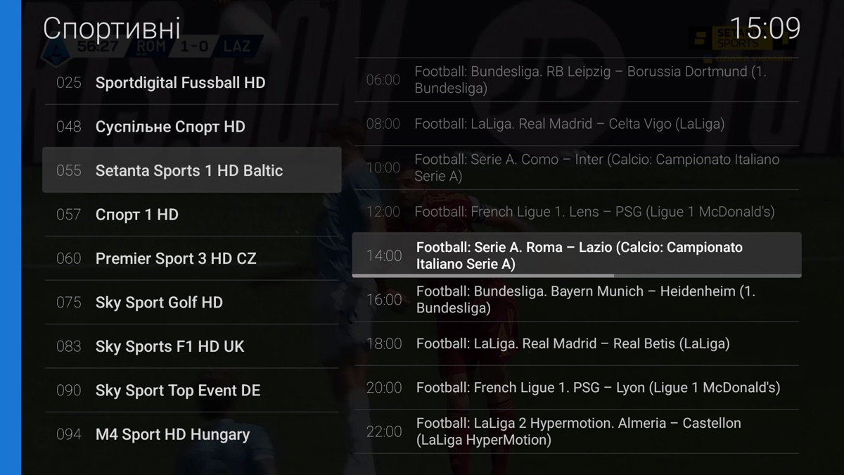Channel list with full-day EPG timeline in the native IPTV interface