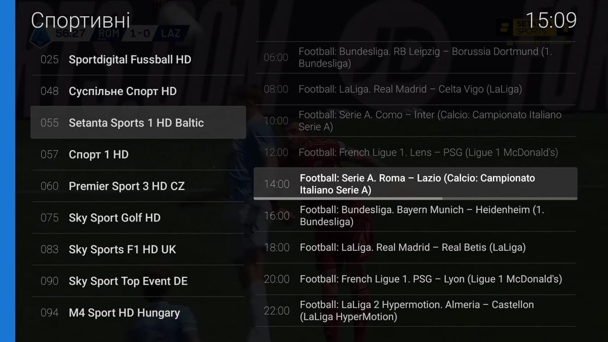 Channel list with full-day EPG timeline in the native IPTV interface