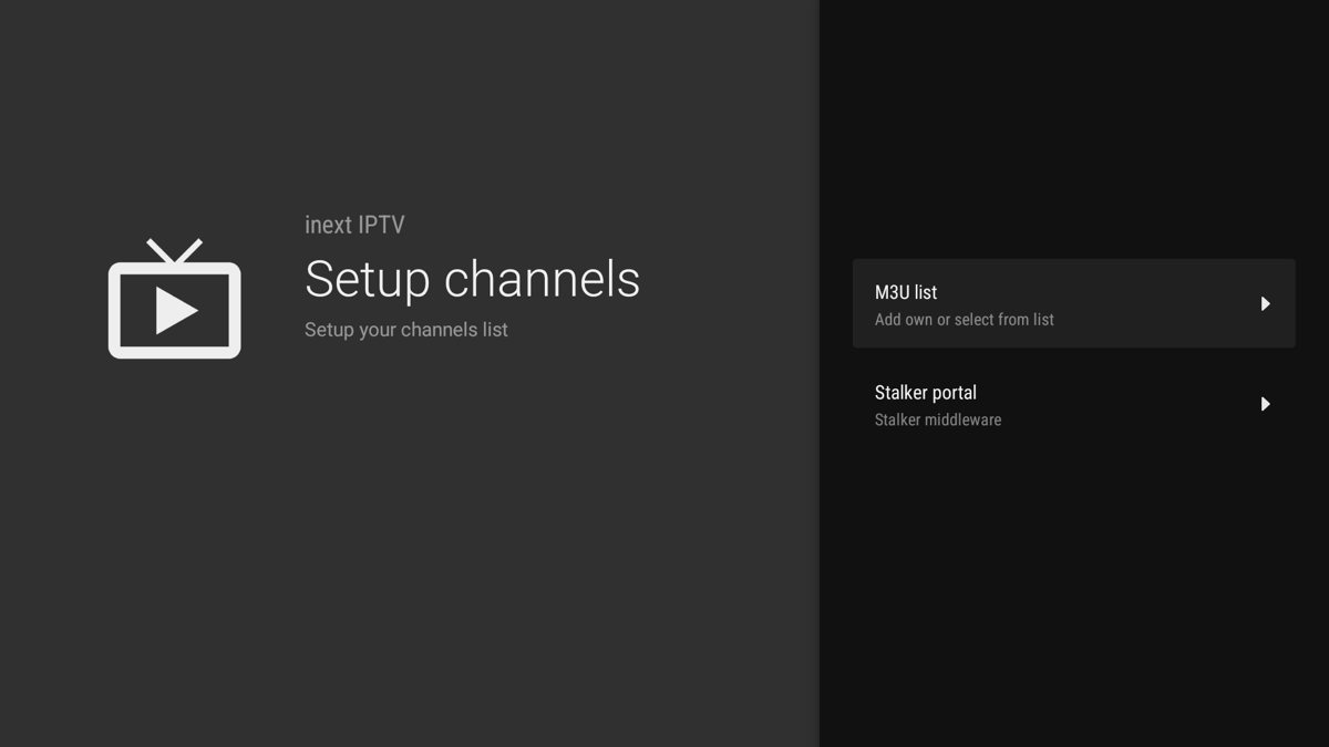 Setup screen offering an M3U channel list or a Stalker portal