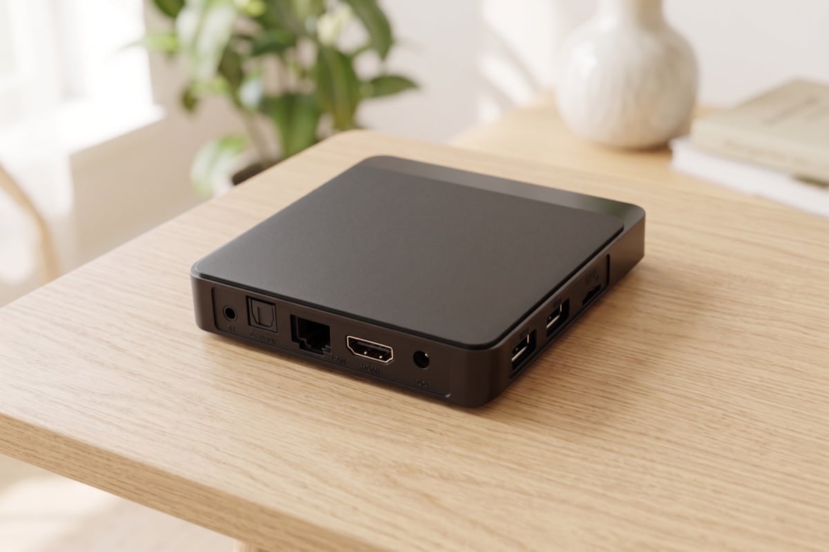 Puertos traseros del inext TV5 Ultra — S/PDIF óptico, LAN, HDMI, USB y microSD