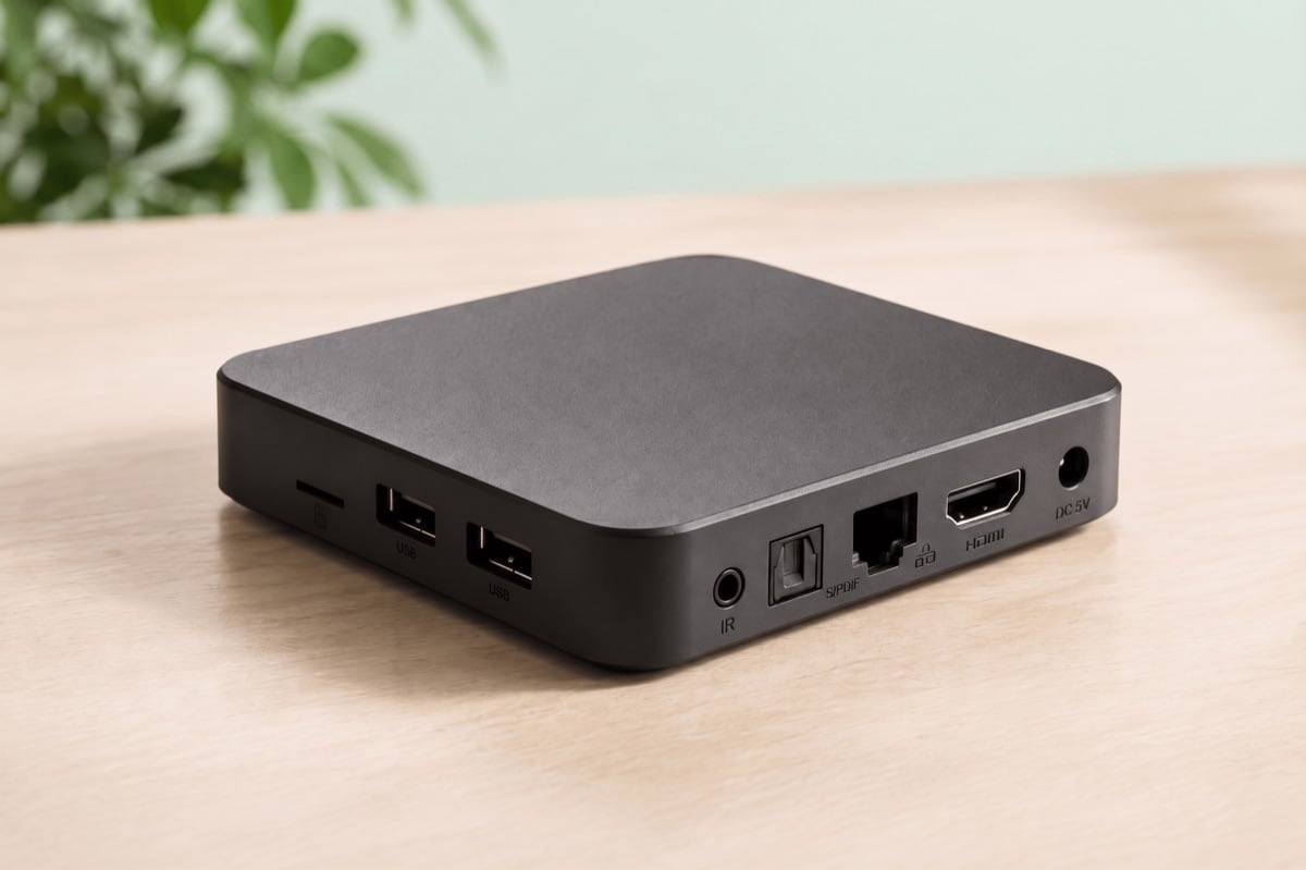 inext TV6 rear ports: microSD, 2× USB, market-dependent IR extender or AV port, S/PDIF, Ethernet, HDMI, DC 5V