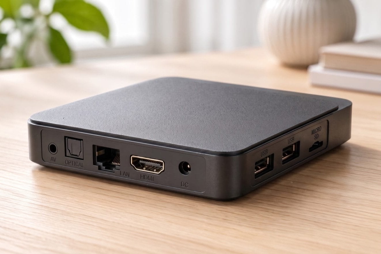 inext TV5 rear ports: AV, S/PDIF optical, Ethernet, HDMI, DC power, 2× USB, microSD