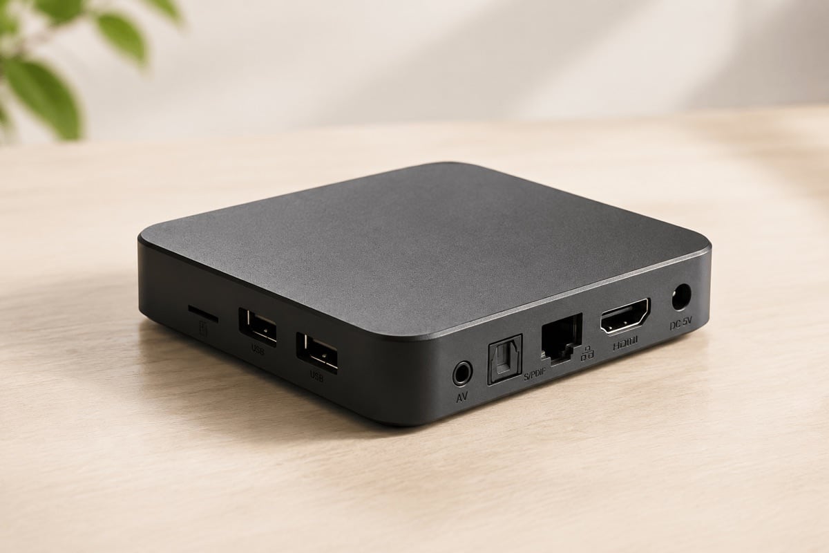 inext TV6 Ultra rear ports: microSD, 2× USB, AV, S/PDIF, Ethernet, HDMI, DC 5V