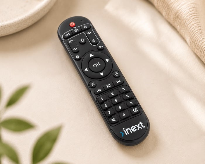 inext TV6 IR remote control with full numeric keypad, navigation pad and direct playback buttons