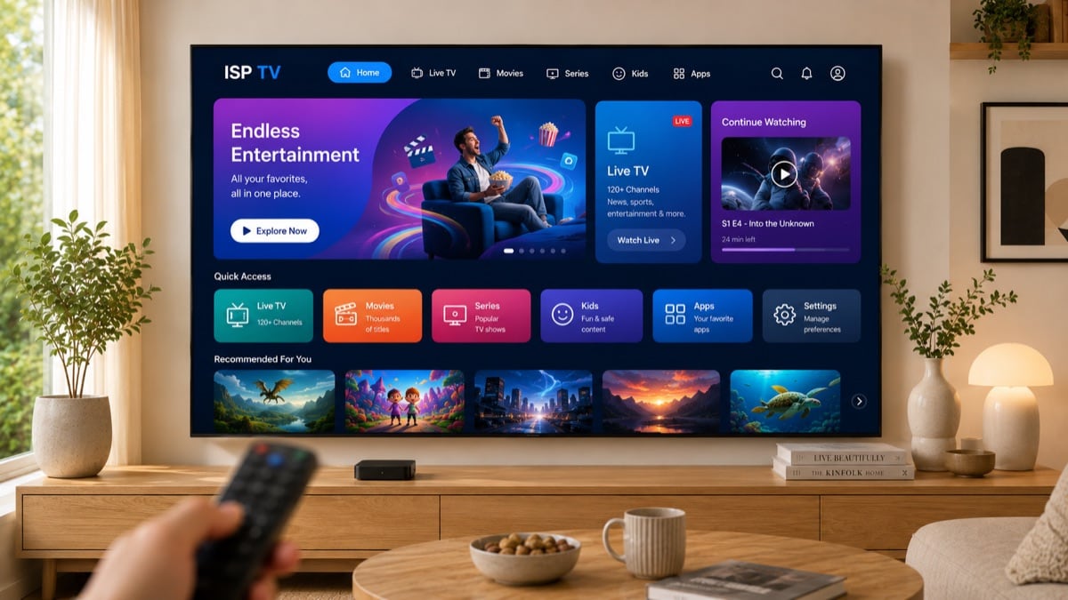 TV showing a customizable IPTV launcher above an inext TV5 set-top box