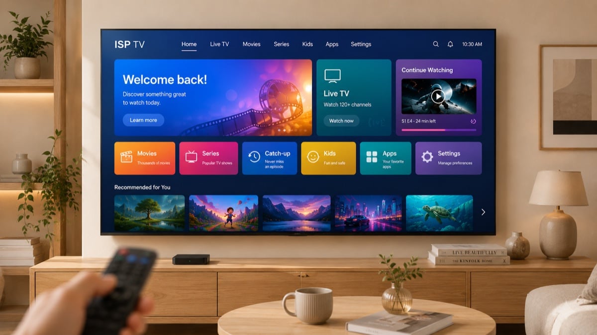 TV que muestra un launcher de operador personalizable sobre un Set-Top Box inext TV5 Ultra