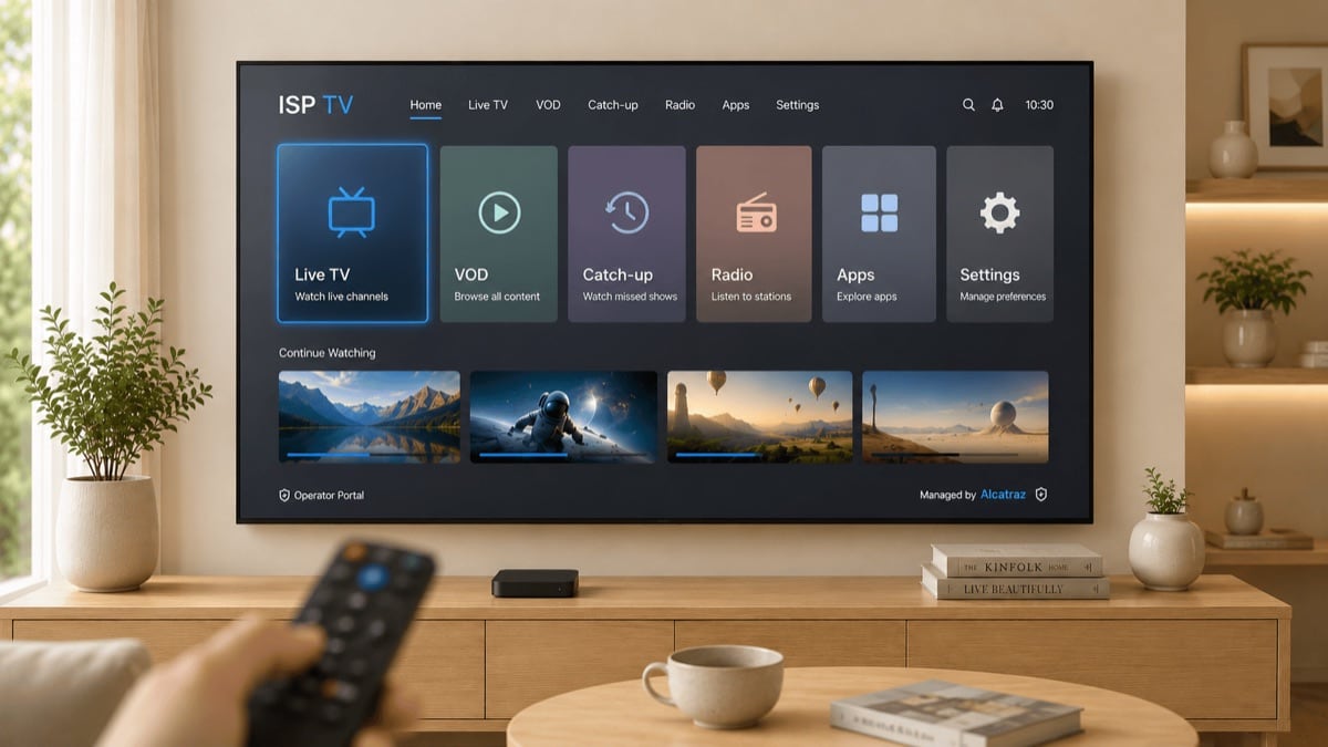 TV showing a region-neutral operator launcher with Live TV, VOD, catch-up, radio, apps and settings