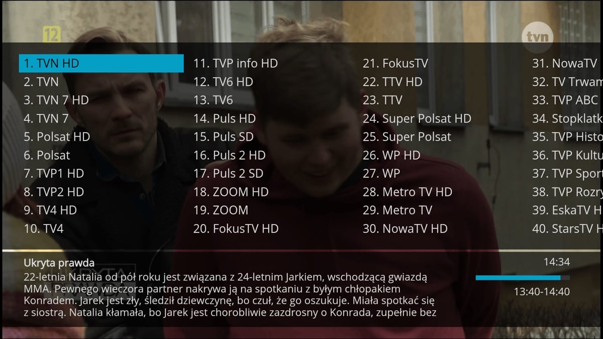 Multi-column channel list with programme details in a TVIP-style portal