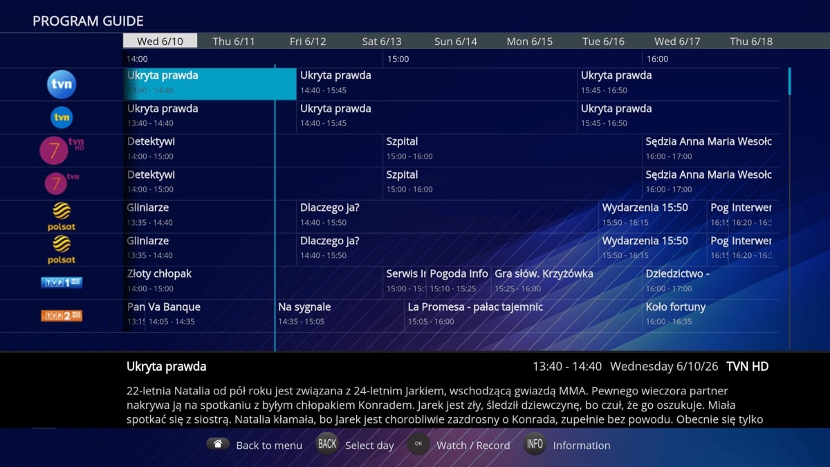 Full programme guide grid with programme details