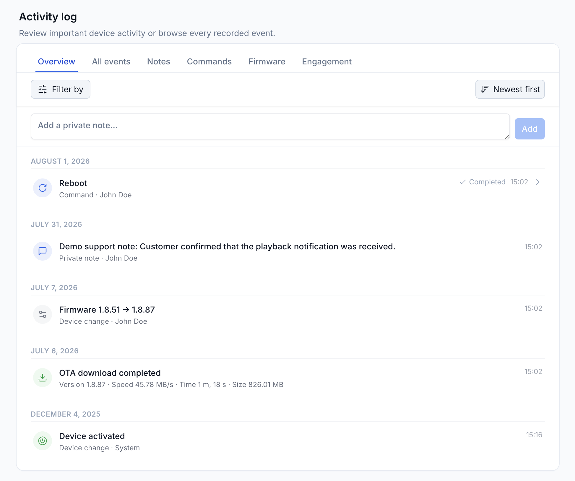 Device Activity log showing commands, private notes, firmware changes, OTA download metrics, and device activation history