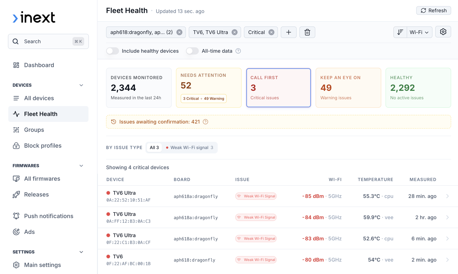 Fleet Health dashboard with fleet status cards, issue filters, and a prioritized device queue